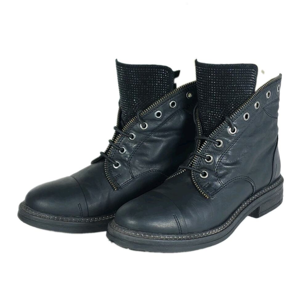 Pedro Miralles Weekend Women's US7,5 EU38 Black Leather Strass Combat Boots